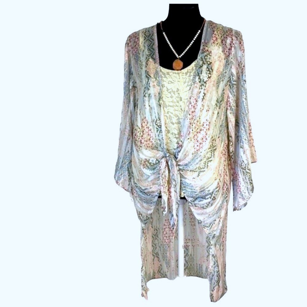 Andree by UNIT Boho Geometric Stripe‎ Kimono Duster Lightweight Tie Front Size S